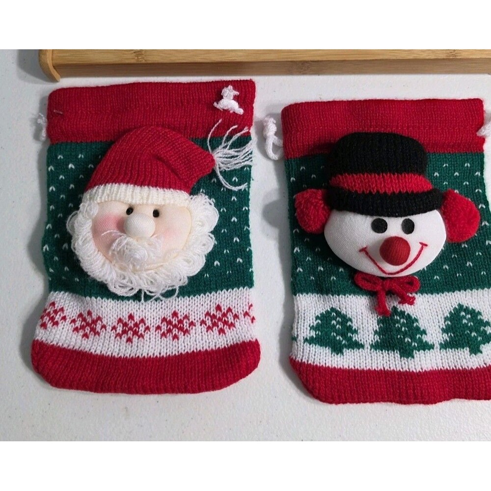 2 Vintage Knitted Christmas Gift Bags Emrad Creation 3D Santa Snowman Drawstring